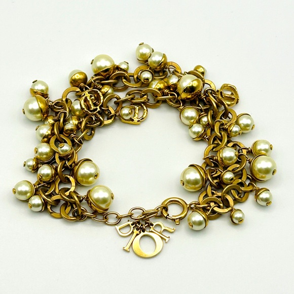 GORGEOUS Vintage Christian Dior Two Strand Gold Tone Pearl Logo Bracelet 6-8” - Picture 1 of 12